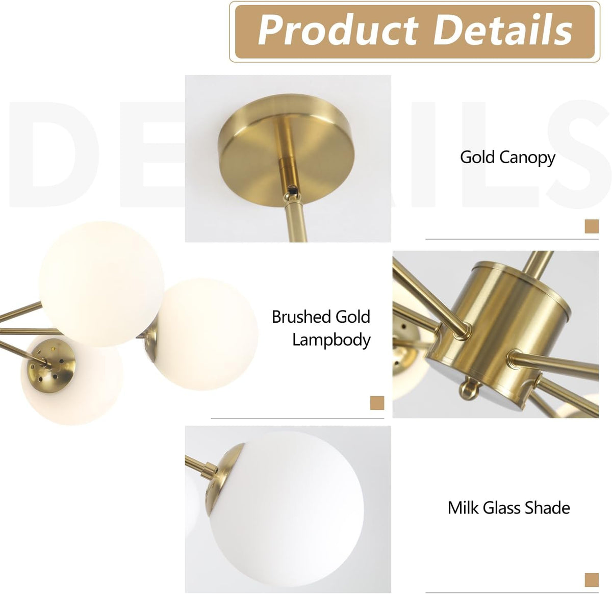 KCO 6-Light Globe Sputnik Chandelier Milk Glass Modern Gold Chandelier Light Fixture Mid Century