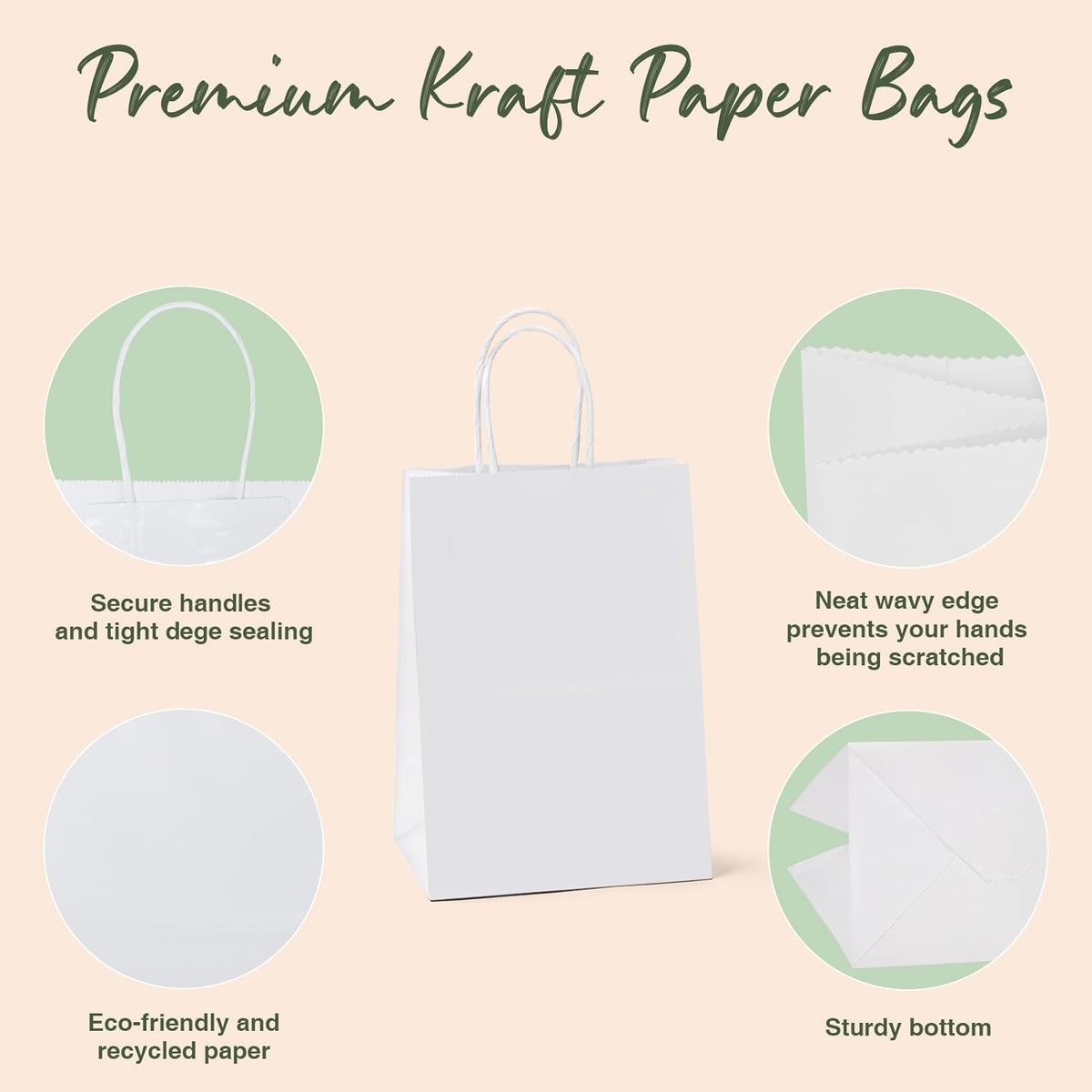 GSSUSA 50 Pcs White Kraft Paper Bags 5.25x3.75x8, Small Paper Bags with Handles for Shopping, Gift