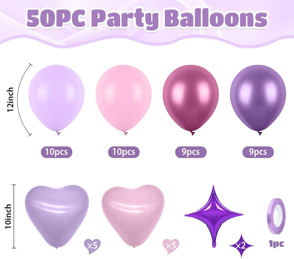 Pink and Purple Balloons, 50pcs Pink Purple Balloons With Macaron Heart Latex Balloon, Four Star