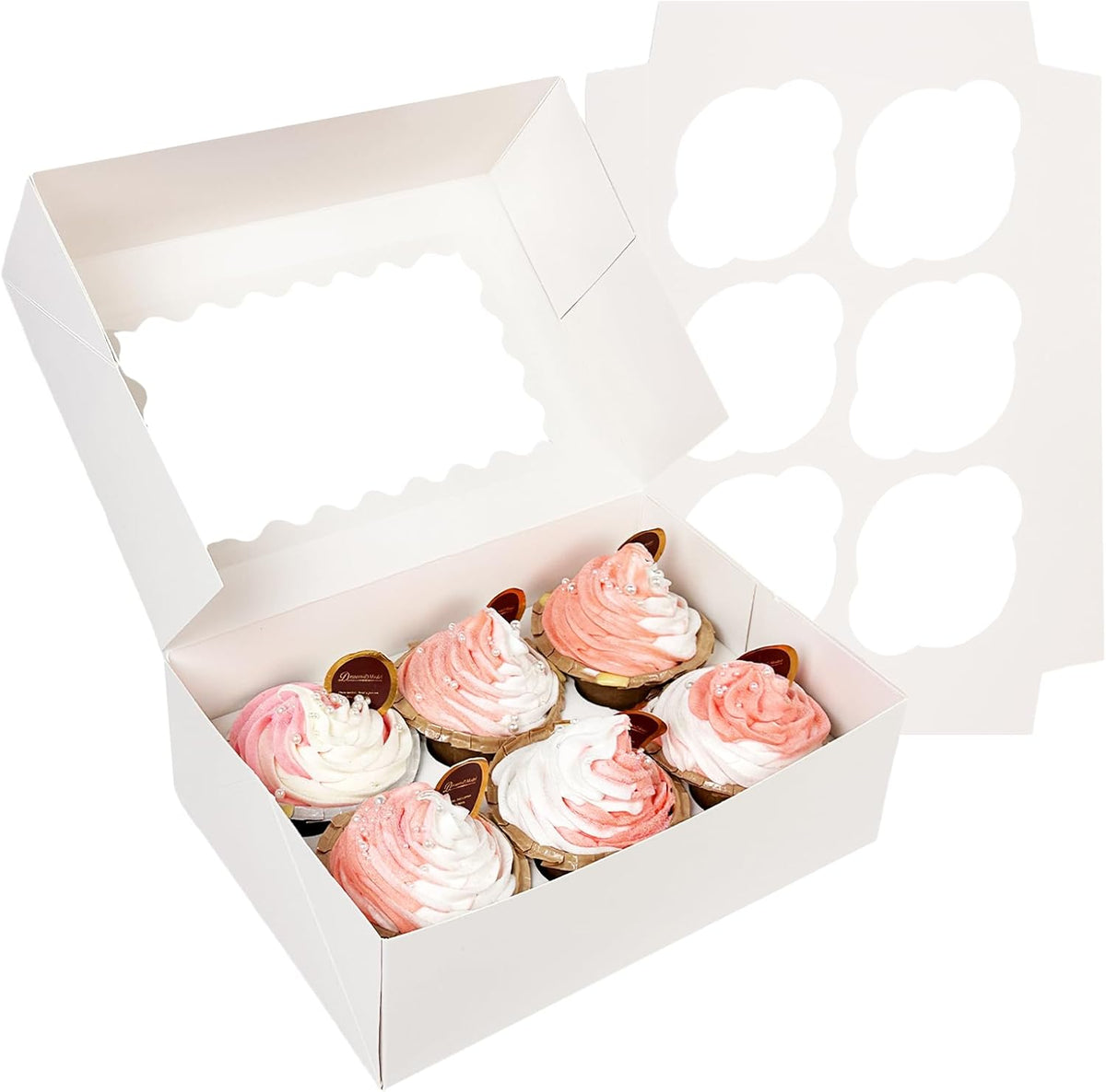 Bakepacker Auto-pop up 6 Cupcake Boxes with Window 20 Count White Box 9.4 x 6.1 x 3 inch Cupcake