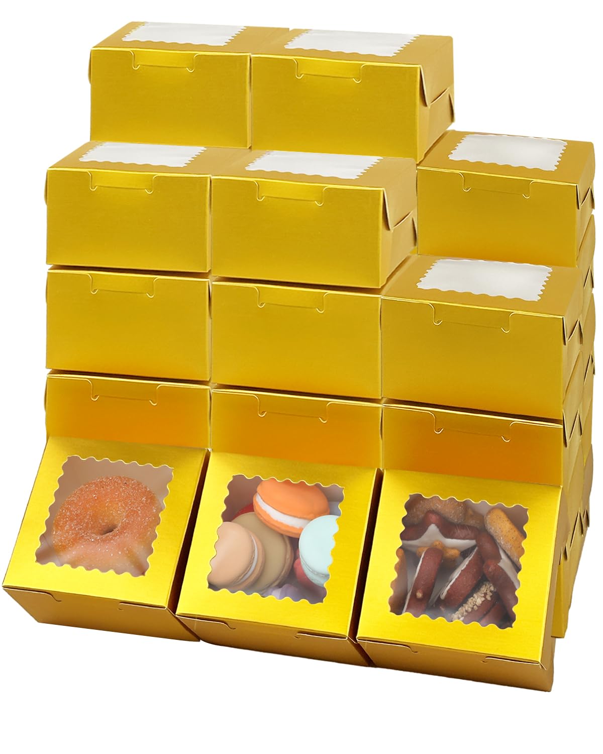 Bakepacker 60pcs Gold Bakery Boxes with Window 4x4x2.5 inches Thick & Sturdy Macaroon Pastry &