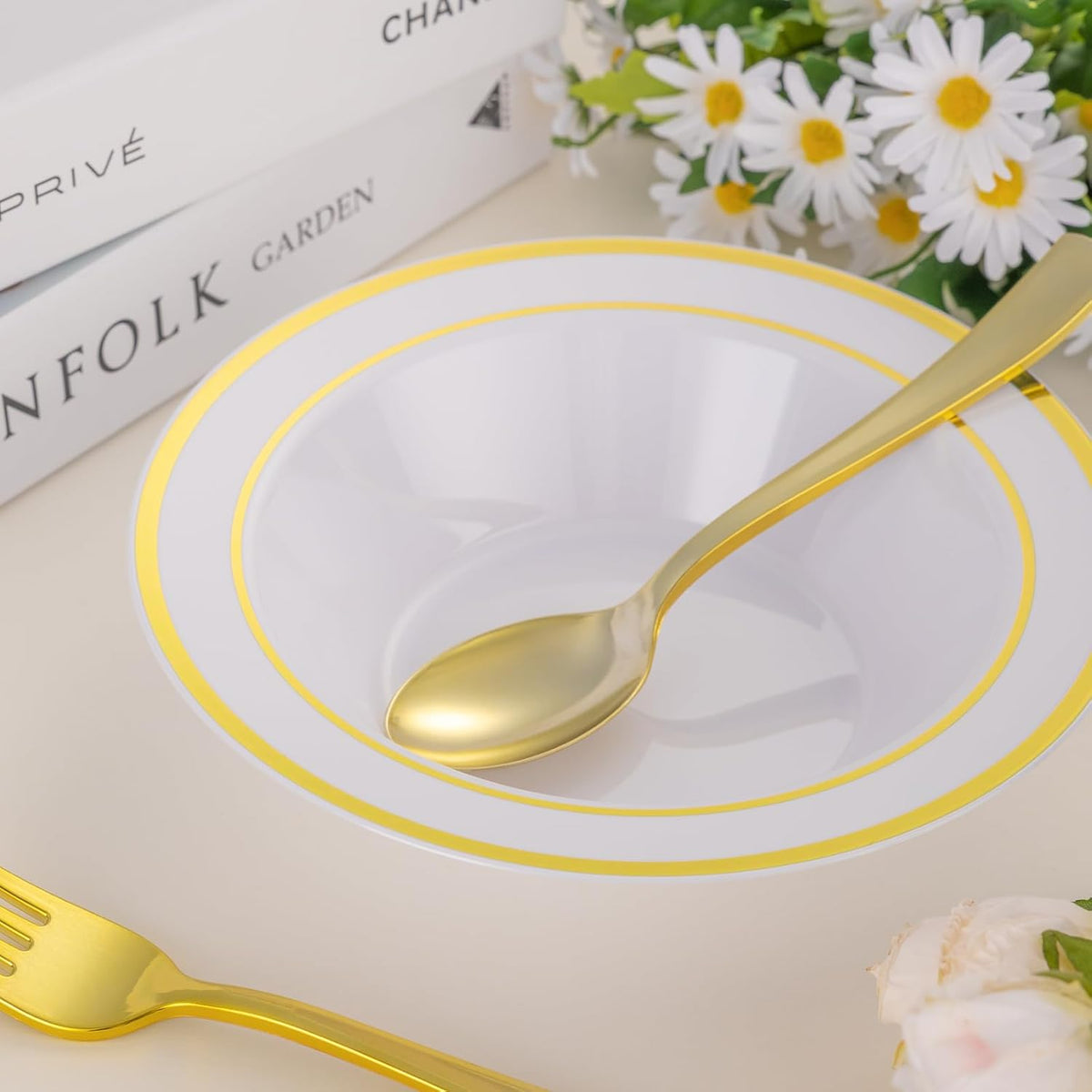 50 Pack Disposable Soup Bowls with Gold Rim,12oz Disposable Soup Bowls,Disposable Soup Dessert