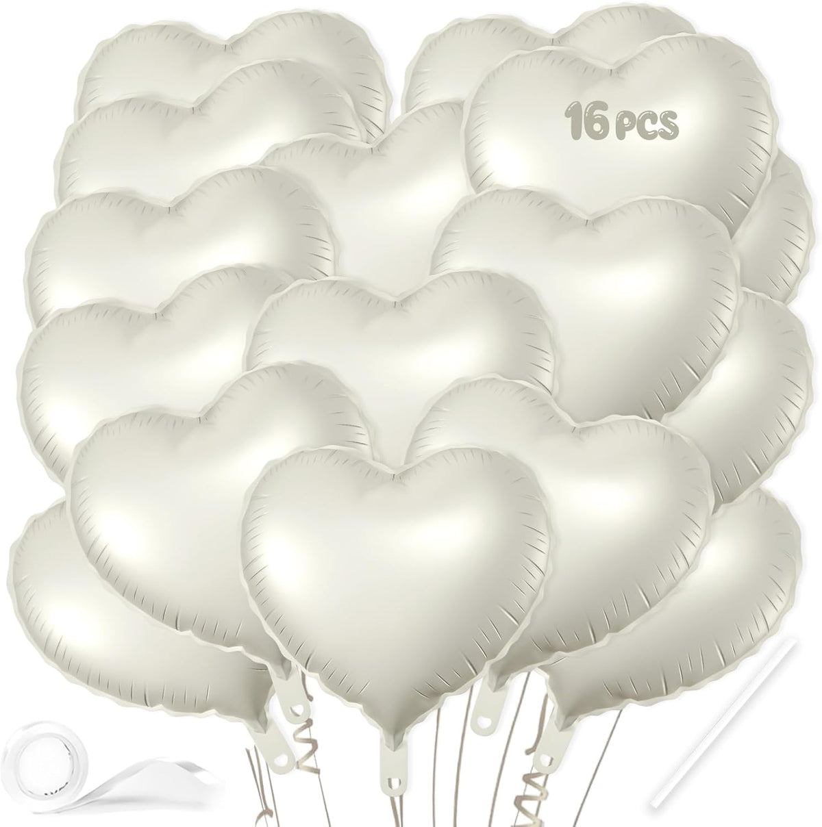 16 Pcs Heart Balloons, 18 White Sand Inch Love Heart Shaped Foil Balloons for Wedding Anniversary