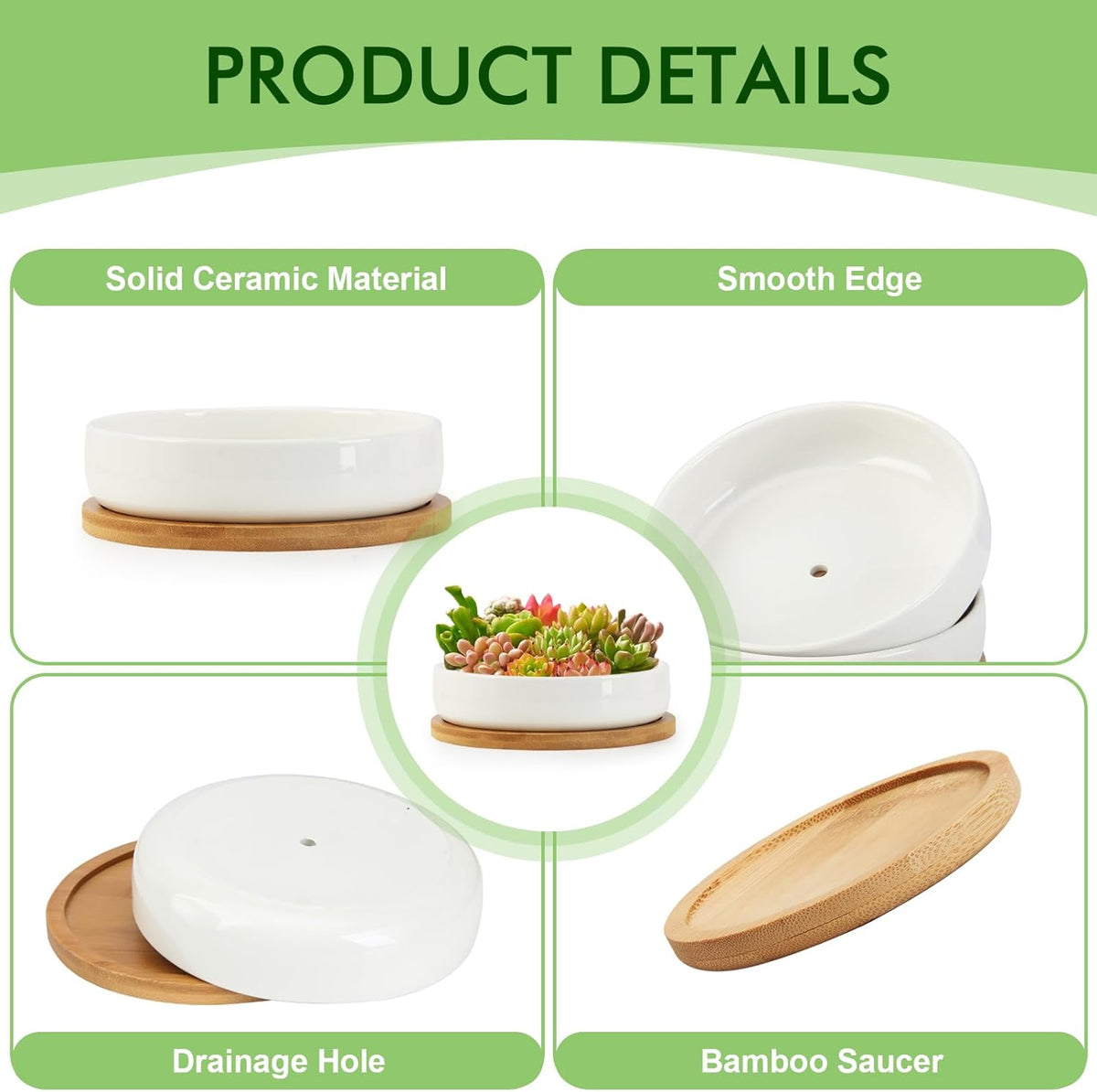 ZOUTOG Succulent Pots,6 Inch Succulent Planters with Drainage and Tray,White Ceramic Planters for