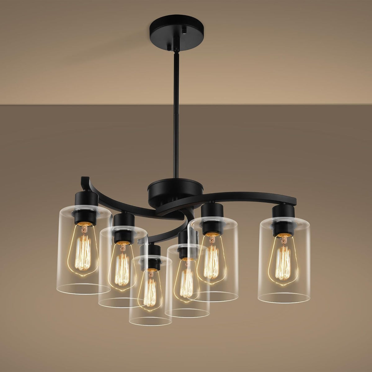6-Light Modern Farmhouse Black Chandelier, Contemporary Dining Room Light Fixture, Adjustable