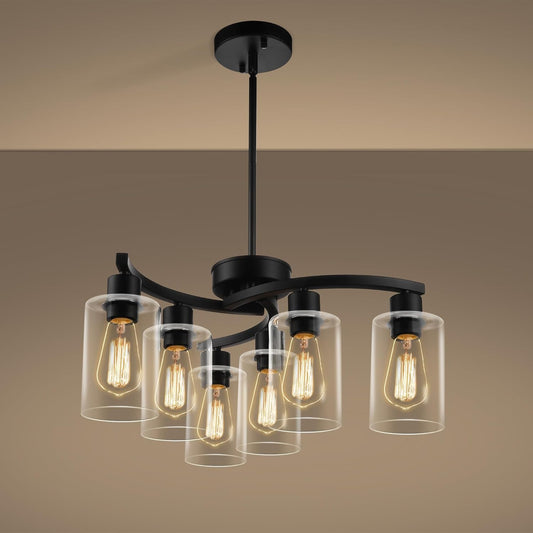 6-Light Modern Farmhouse Black Chandelier, Contemporary Dining Room Light Fixture, Adjustable