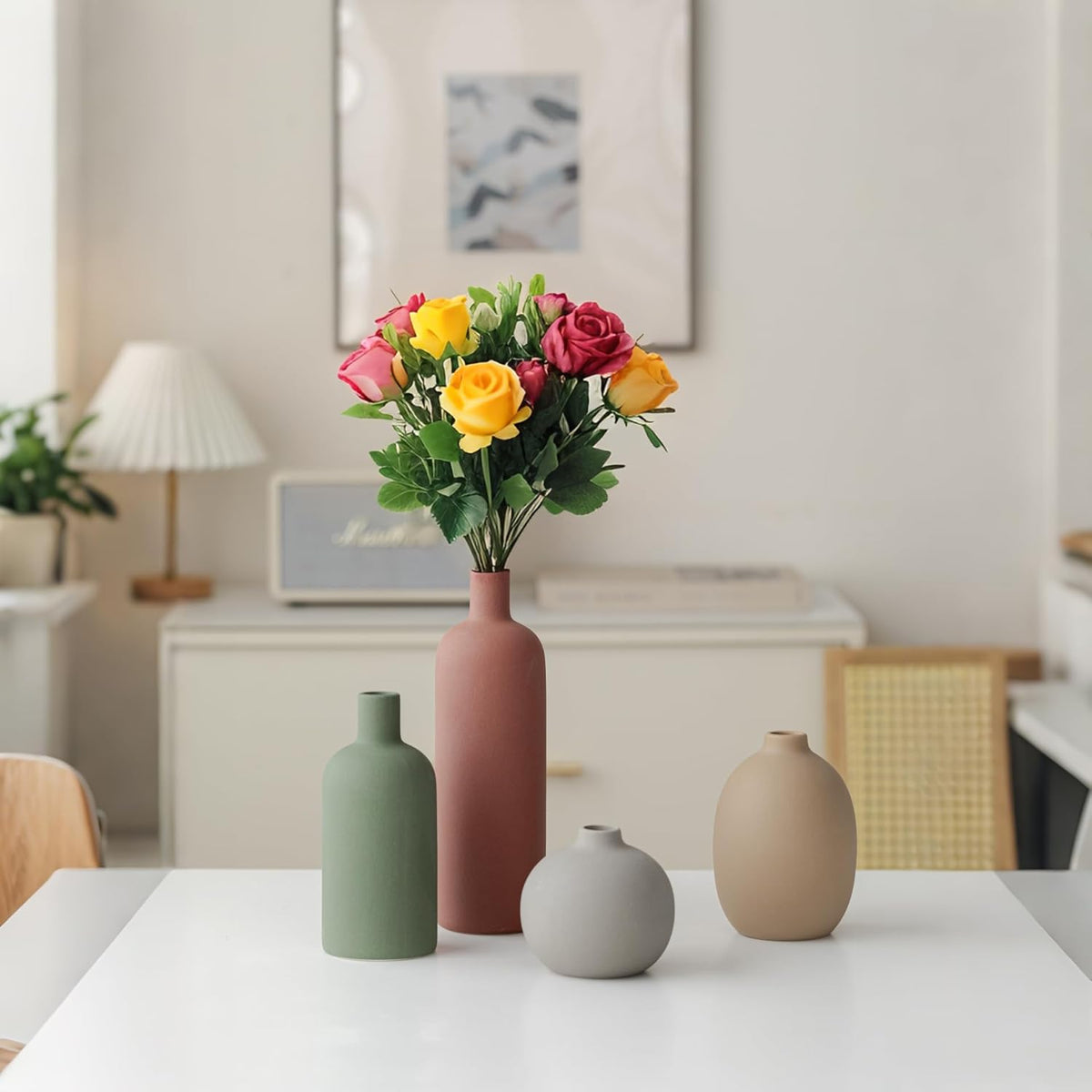 Modern Ceramic Vase Set, Neutral Colors, Decorative Vases for Home Decor, 4 Piece Collection (Green