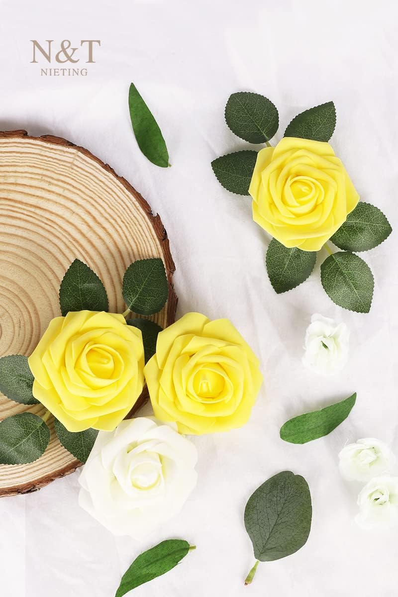 N&T NIETING Artificial Flowers Yellow Roses, 50 Pcs Fake Flowers Foam Roses Perfect for DIY Wedding