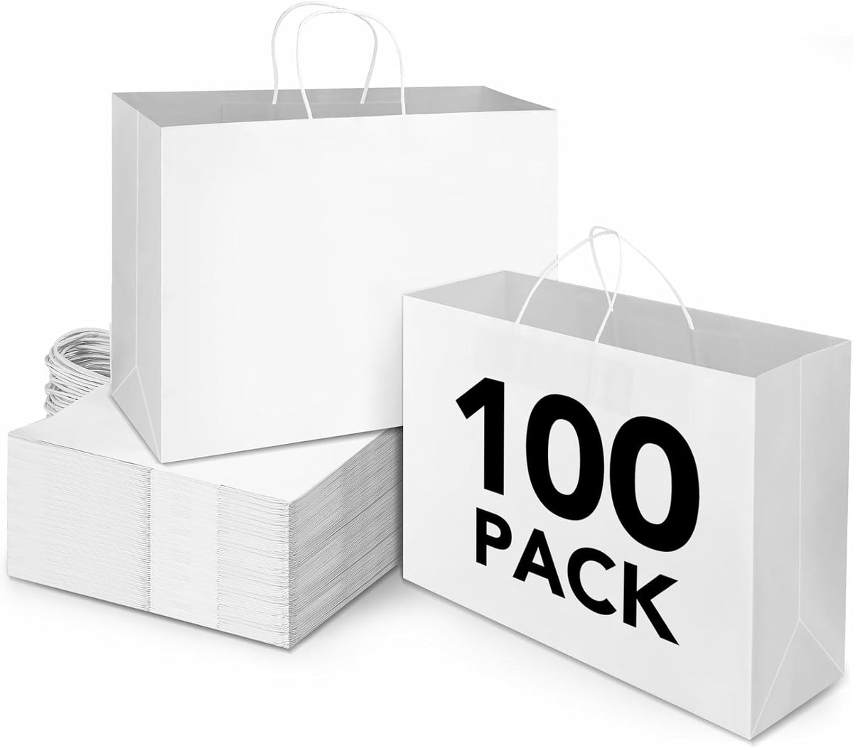 BURVAGY 16x6x12 Inch 100 Pcs Kraft Paper Bags with Handles Bulk, Kraft Shopping White Large