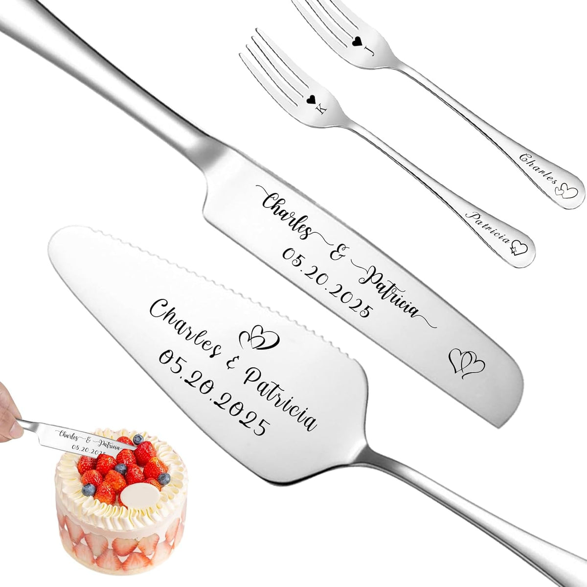 Custom Wedding Cake Knife and Server Set Personalized Cake Cutter with Engraved Text Bridal Cake