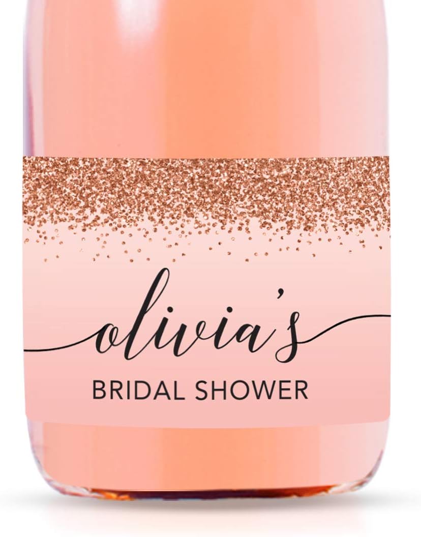 Andaz Press Personalized Mini Wine Bottle Labels, Bridal Shower, Blush Pink Faux Rose Gold Glitter