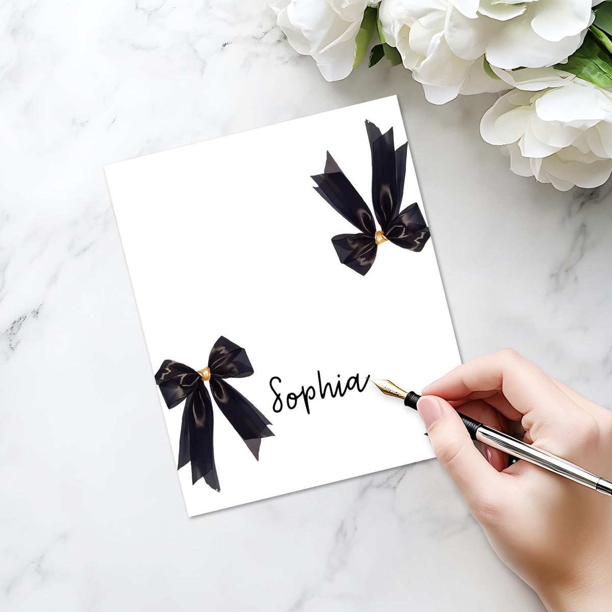 25 Pack Black Bow Place Cards, Editable Name Cards for Table Setting, Tent Cards Food Label for