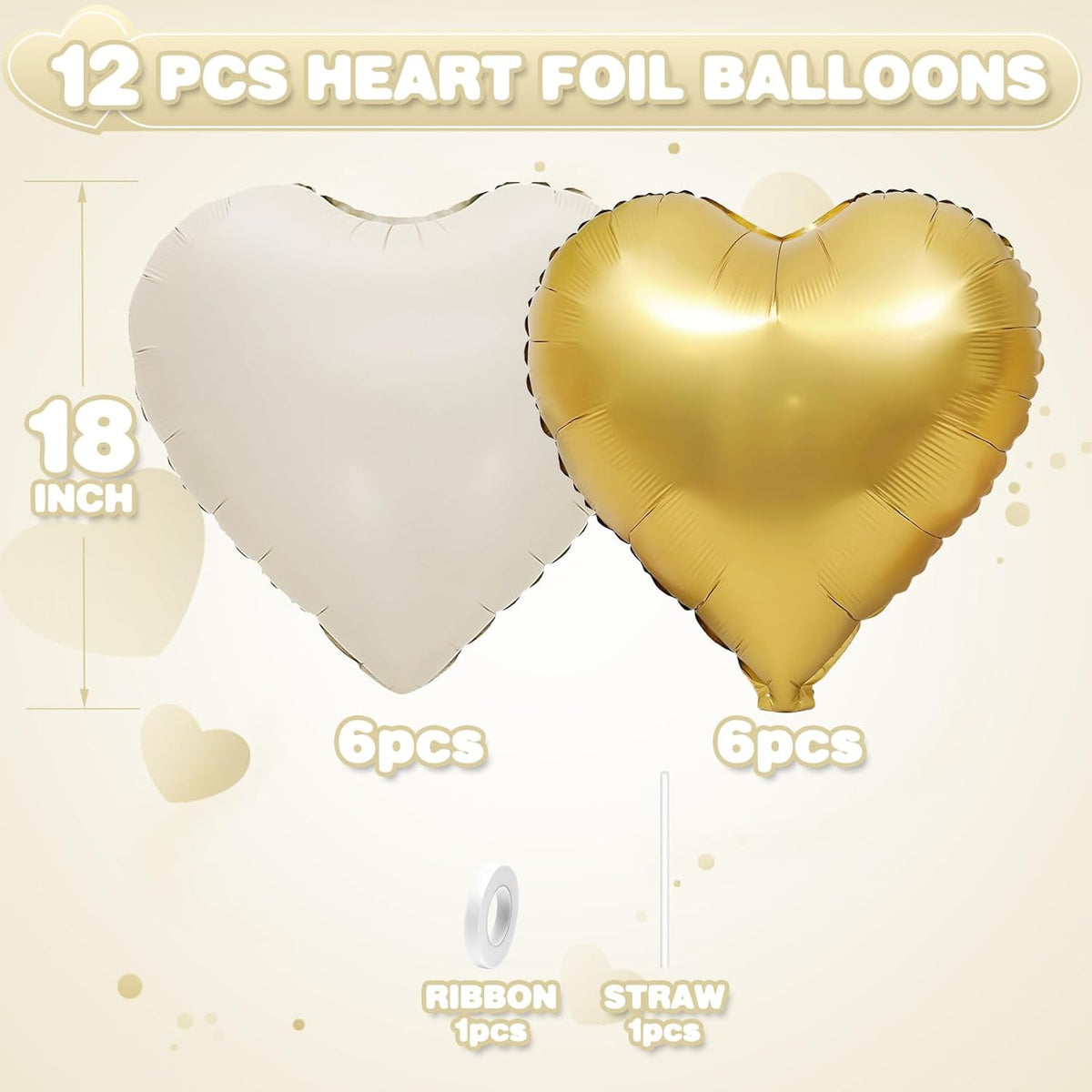 Sand White Gold Heart Balloons,12Pcs 18Inch Cream White Metallic Gold Heart Shaped Foil Helium Foil