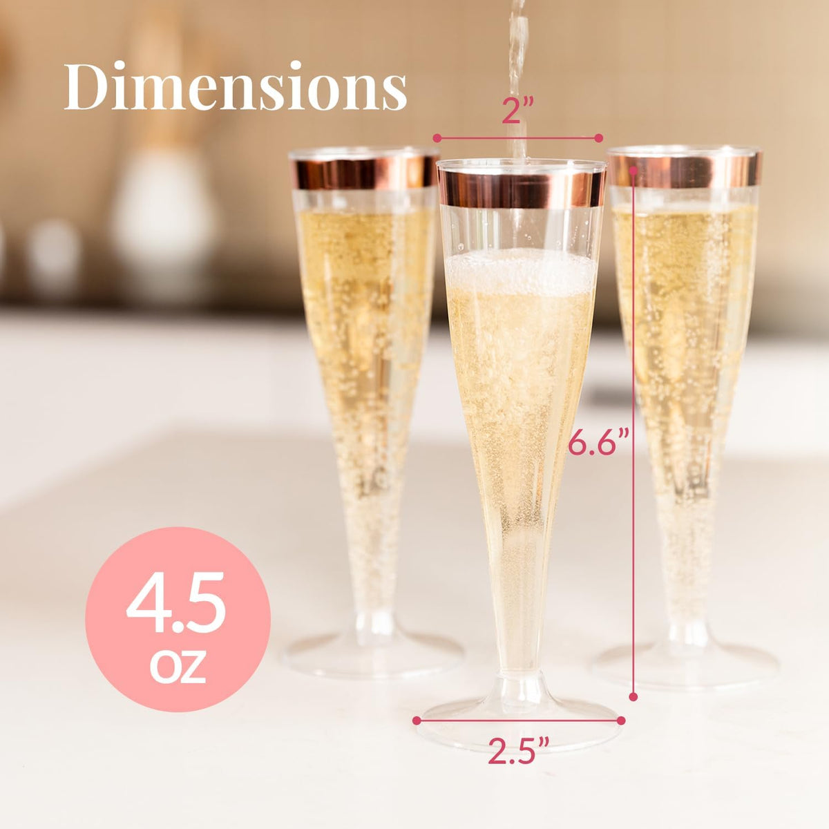 Prestee Set of 24 Plastic Champagne Flutes with Rose Gold Rim - 4.5 oz - Shatterproof Disposable