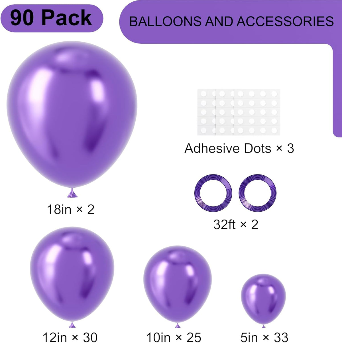 90pack Metallic Purple Balloons Different Size 18/12/10/5 Inch Metallic Purple Balloon Garland Arch