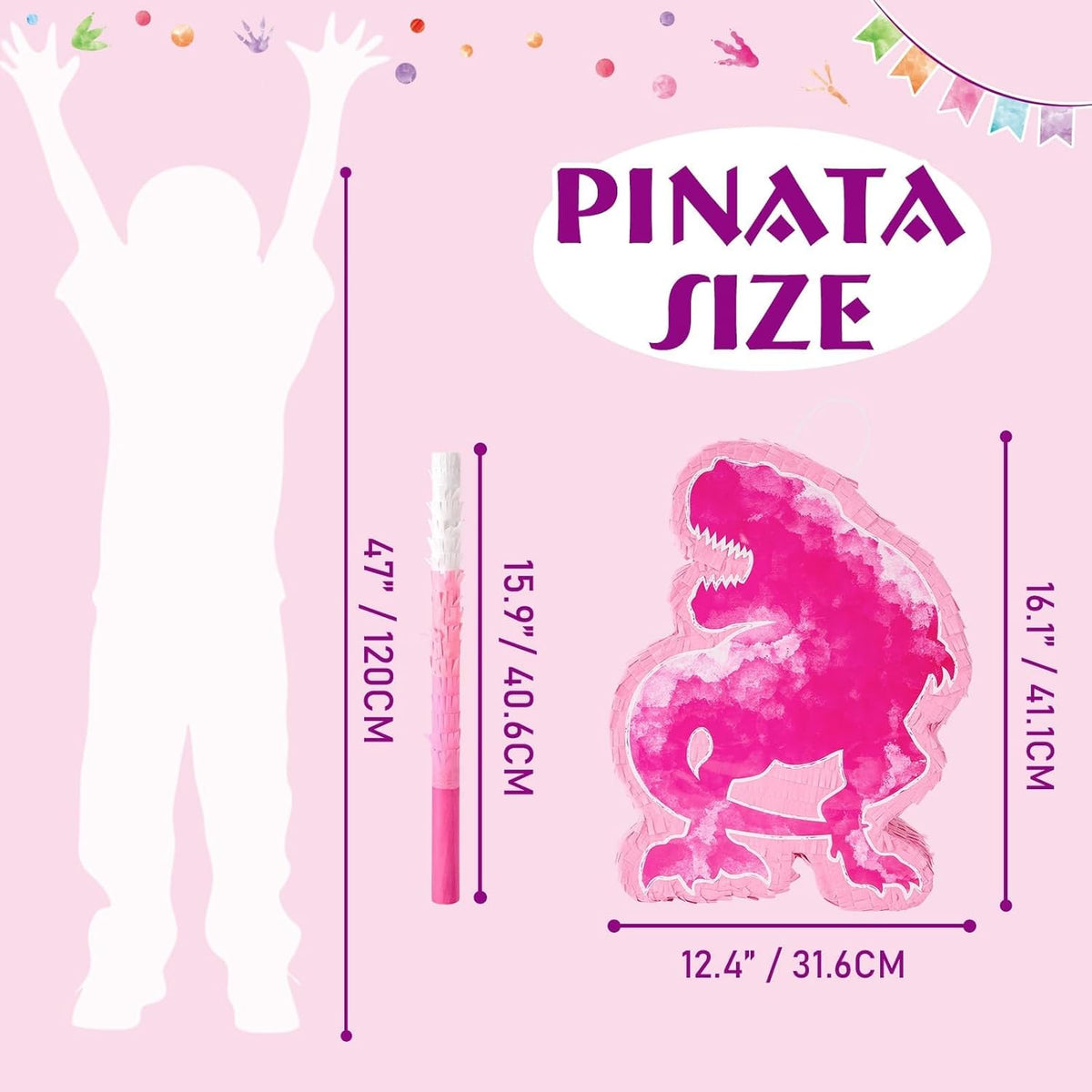 WERNNSAI Dinosaur Piñata - Watercolor Pink Dinosaur Piñata Birthday Piñata with Stick and Blindfold