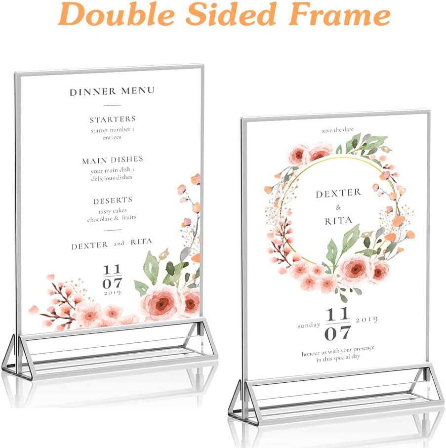 16 Pack 4x6 Clear Acrylic Sign Holders with Silver Borders and Vertical Stand, Double Sided Display
