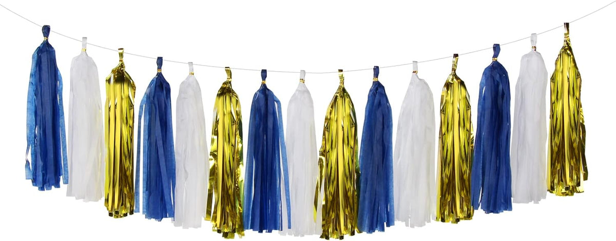 Navy-Blue White-Gold Tassel Garland Streamers- 15pcs Tissue Paper Tassels Banner Party Decorations