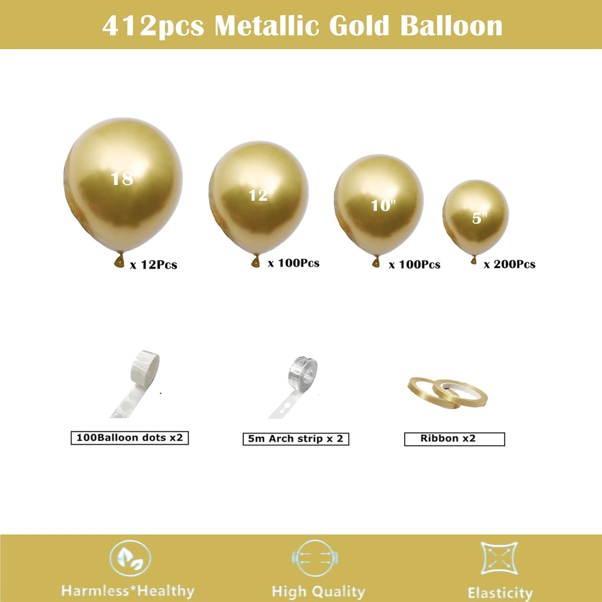 412pcs Metallic Gold Balloon Garland Arch Kit 18 12 10 5 Inch Different Sizes Latex Chrome Balloons