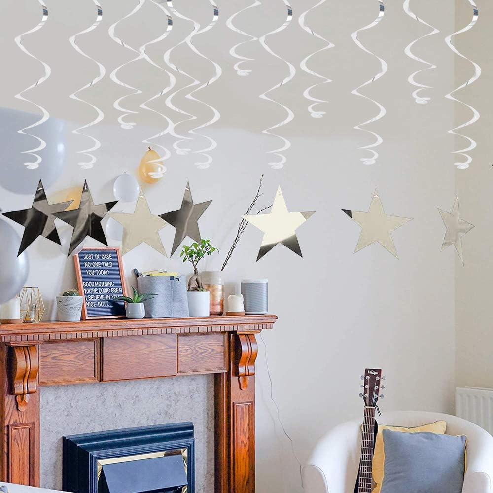 BEISHIDA Silver Star Hanging Swirl Decorations,Hanging Silver Party Supplies for Graduation Wedding