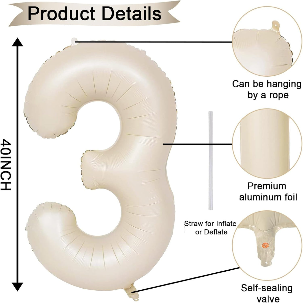 40 Inch Cream Number 30 Balloon, Beige Large Self Inflating Foil 3 & 0 Balloons for Women Men 30th