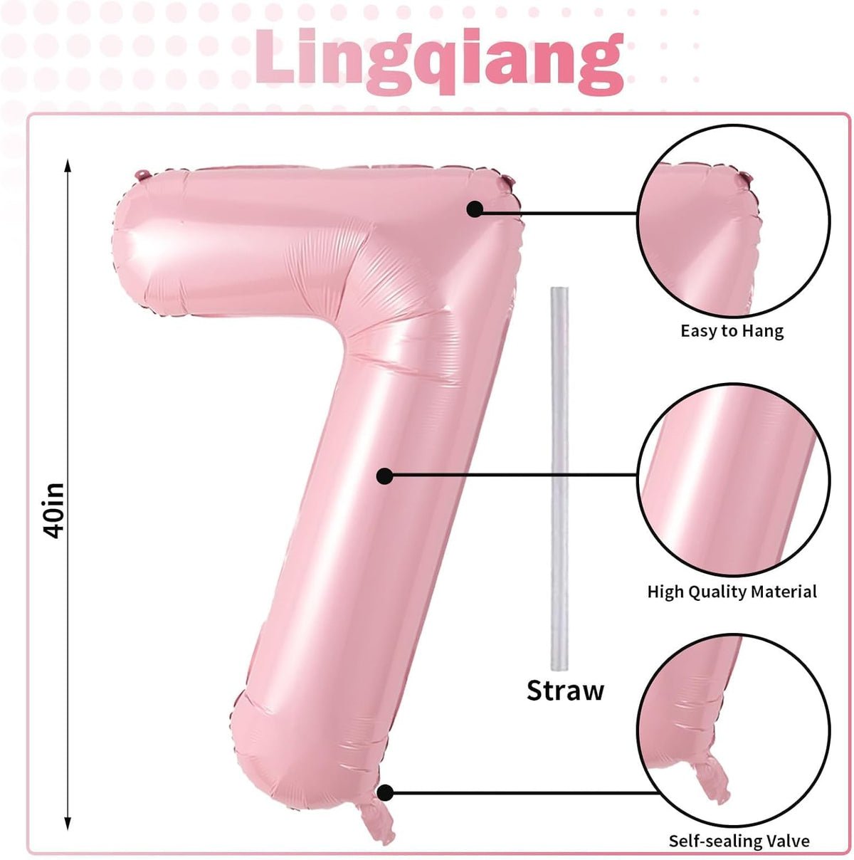 Light Pink Foil Balloon Number 7, 40'' Giant Self Inflating Number Balloons Set 0-9, Large Pastel