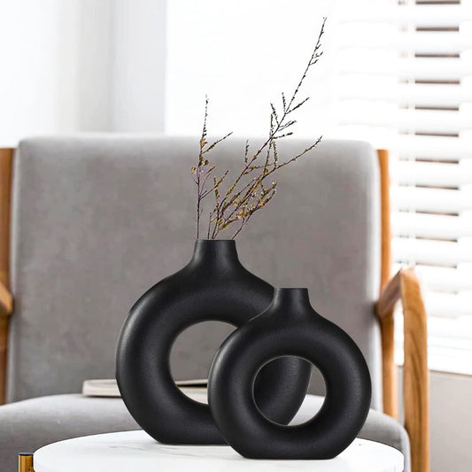 Black Ceramic Vase for Modern Home Decor, Round Matte Pampas Flower Vases Minimalist Nordic Boho