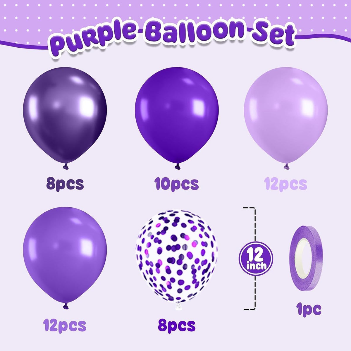 Purple Balloons,50Pcs 12 Inch Metallic Lavender Black Purple Confetti for Princess Girl Birthday
