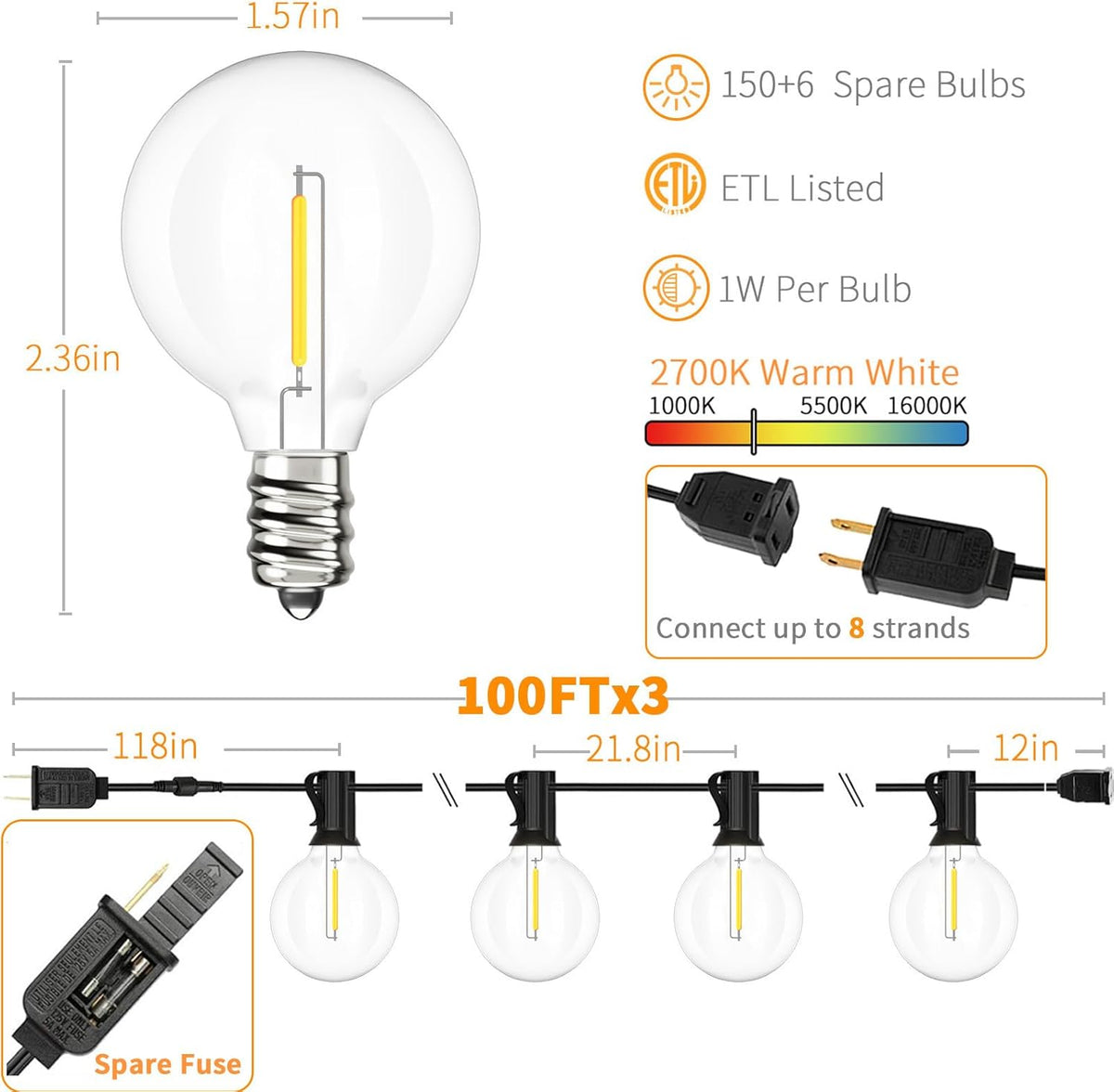 Svater Outdoor String Lights 300 FT, Patio Lights Outside with 156 G40 Shatterproof LED Bulbs