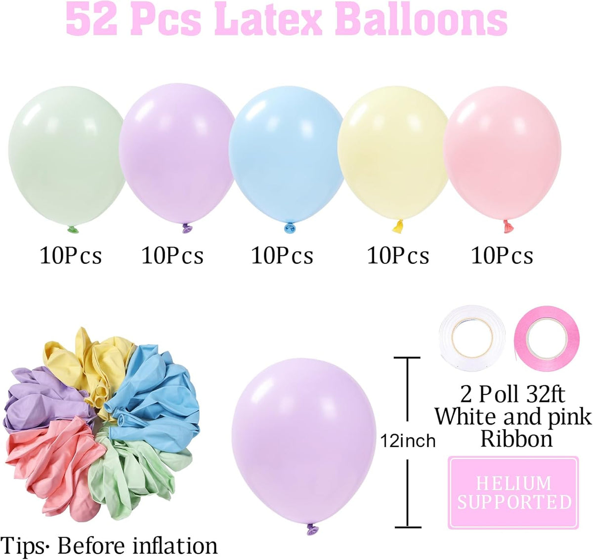 Patimate Pastel Balloons Set, 50 pcs 12 inch Rainbow Multicolor Pink Purple Green Yellow Blue