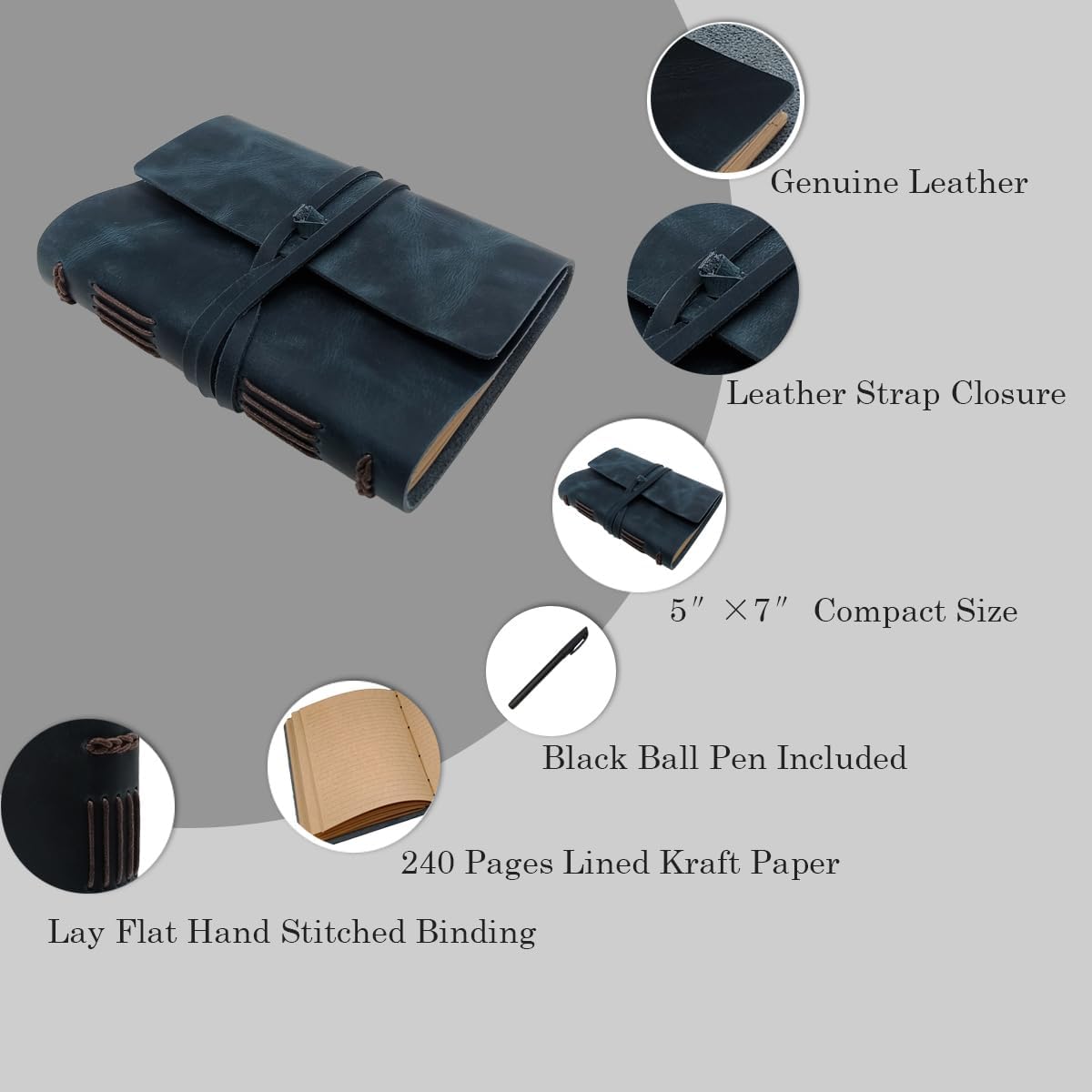 Blue Notebook Journal - Genuine Leather Journals for Writing Small Size Diary 5.5x7.5 Inch, Notepad