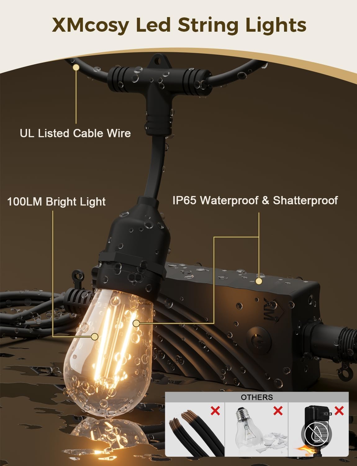 XMCOSY+ Smart Patio Lights 49Ft LED Outdoor String Lights Waterproof IP65, App Control, Compatible