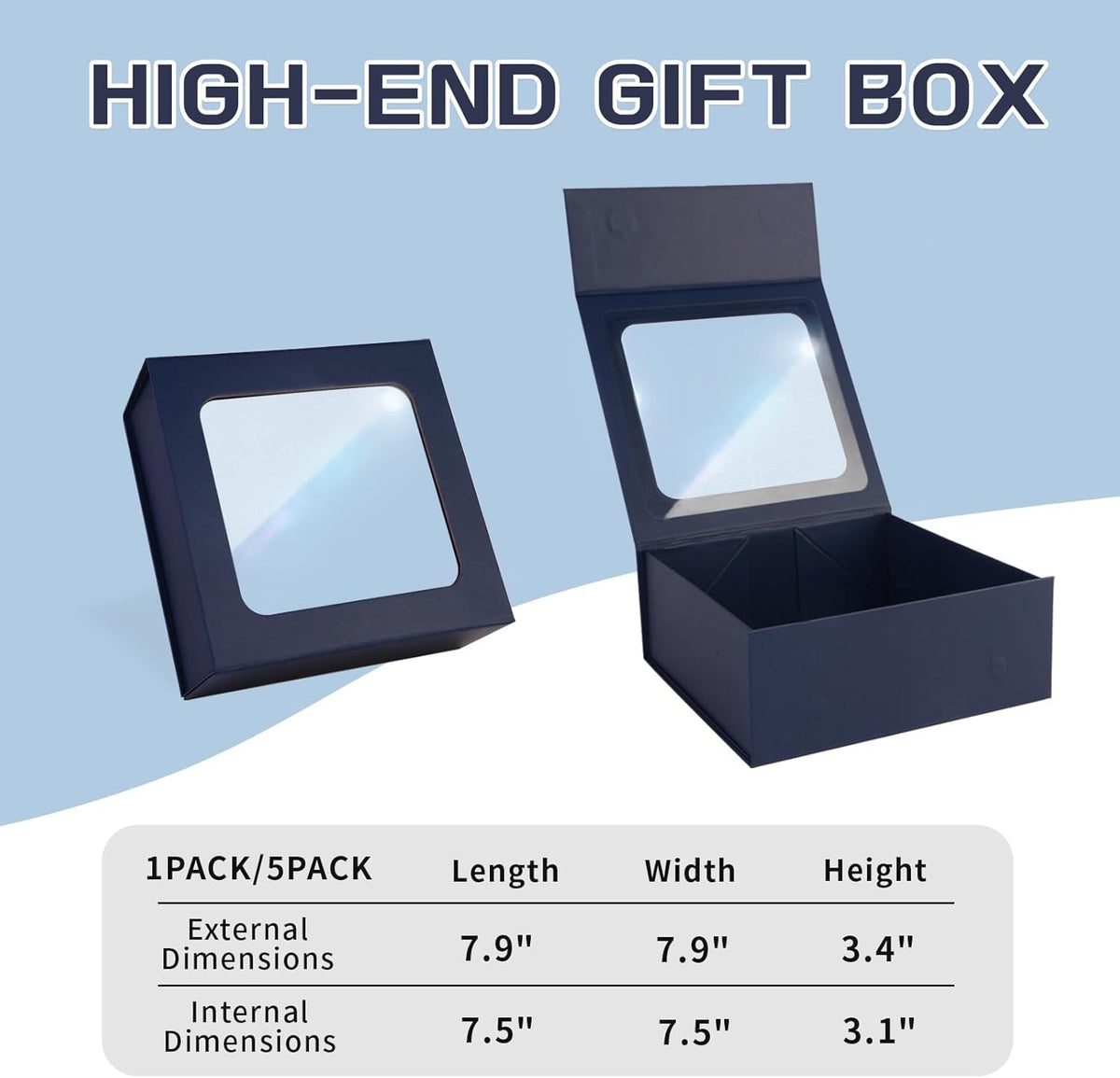 TIACABO Blue Gift Box with Window,7.5"x7.5"x3.1" Bridesmaid Boxe for Gifts Giving,Birthday Gift