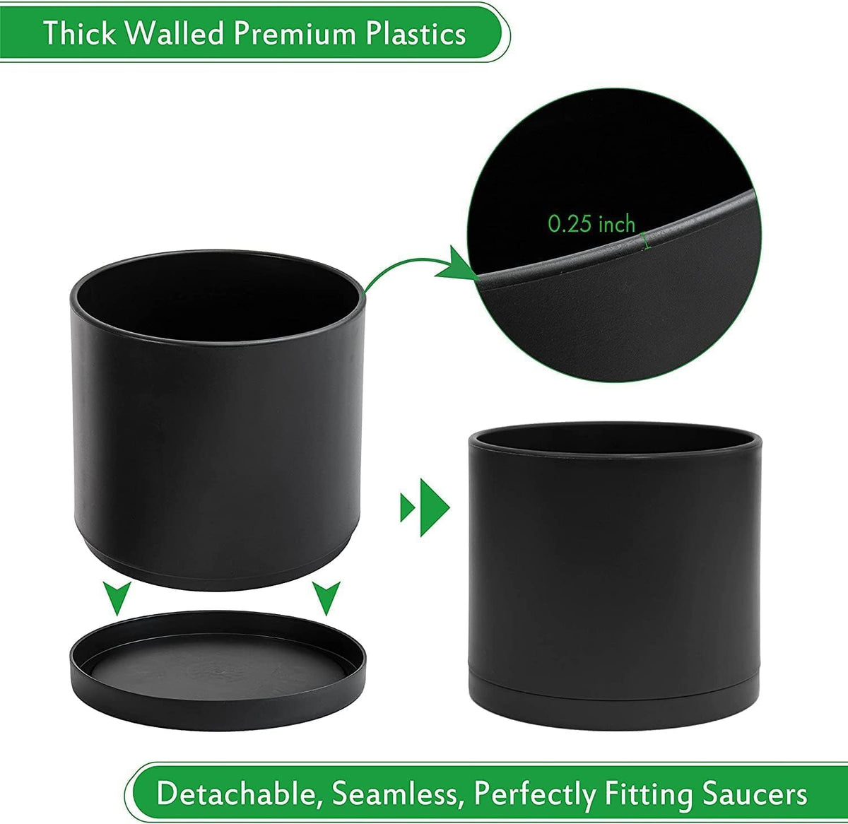 D'vine Dev 2 Pack 8 Inch Modern Plastic Plant Pots, Cylindrical Garden Planters for Plants with