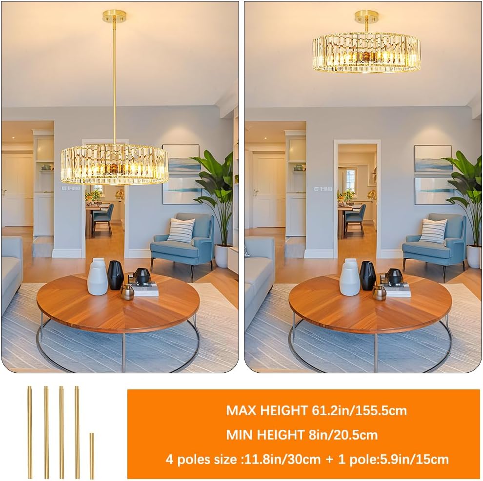 Gold Crystal Chandelier for Dining Room, 6-Light Modern Semi Flush Mount Ceiling Lighting Fixtures