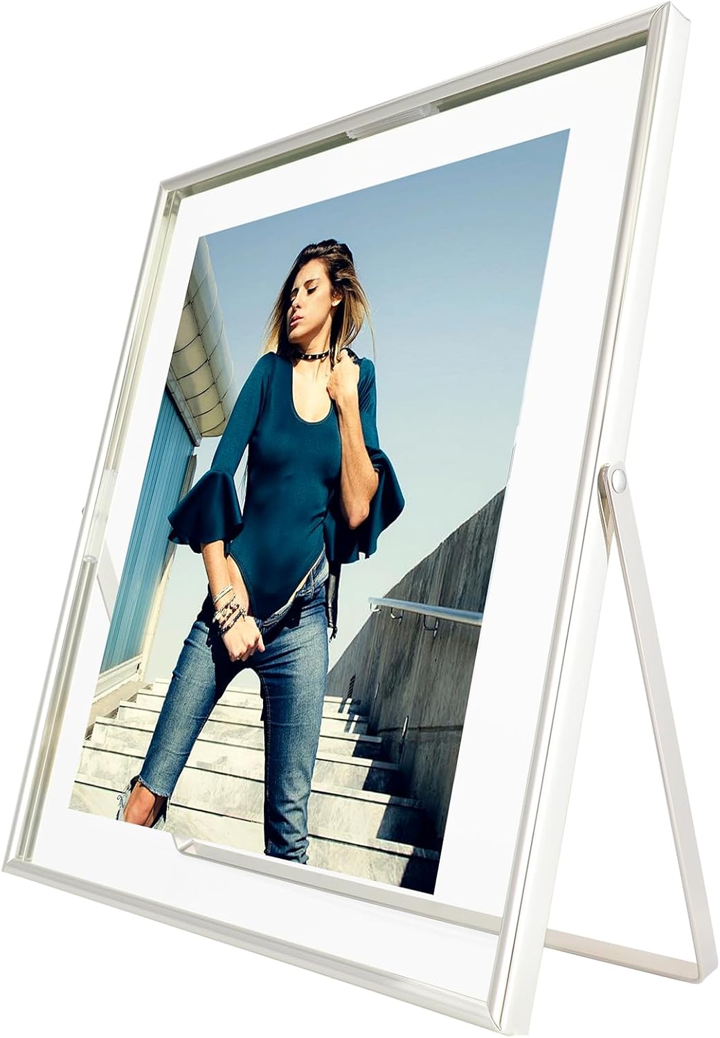 Silver Floating Frame (8"x10", Vertical), For Picture 7x9, 6x8, 5x7, Tabletop Shelf Photo Frame