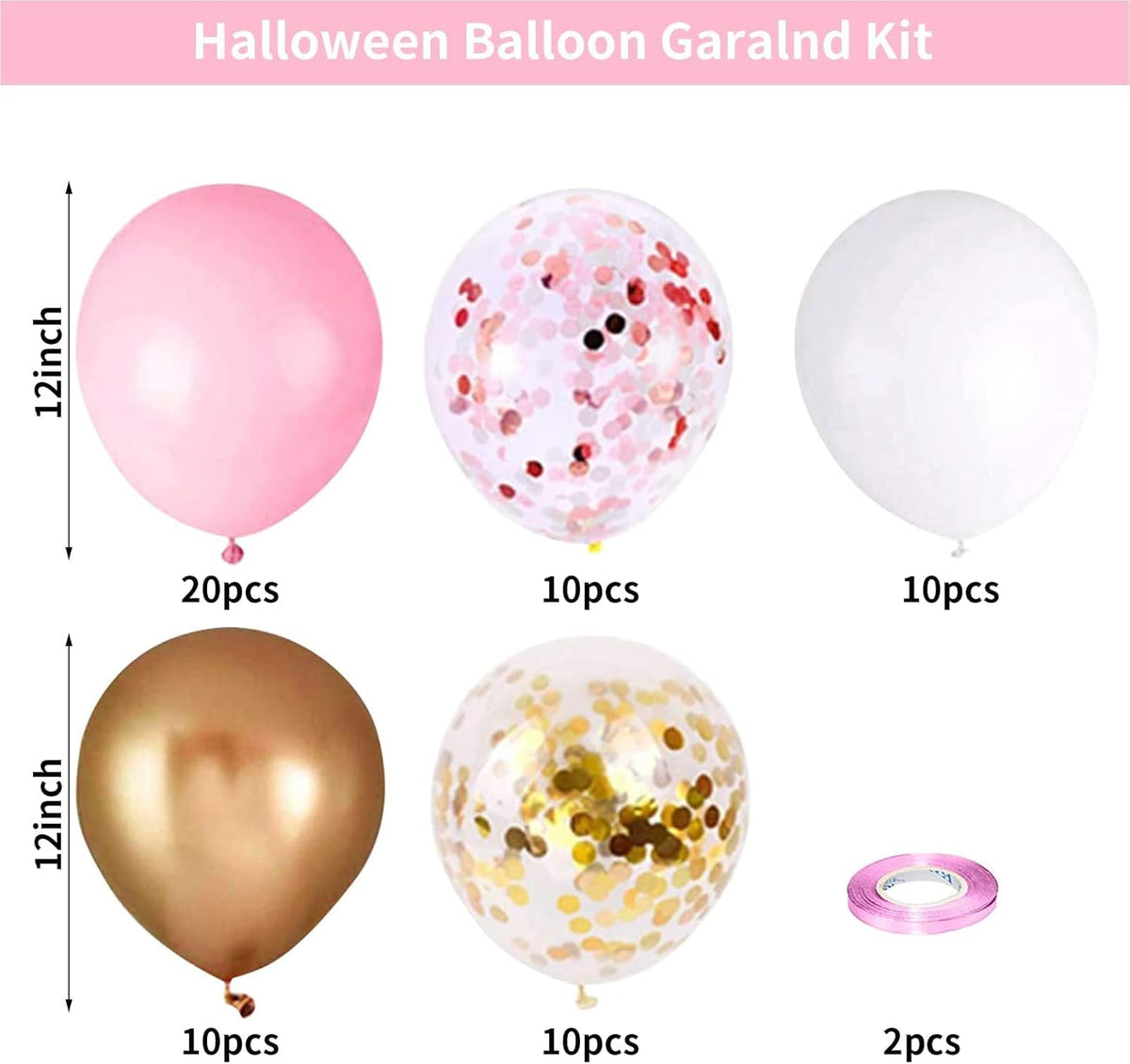 Balloons Pink Gold Confetti, 60 Packs 12 Inch Pink White Metallic Gold Balloon for Girls Birthday