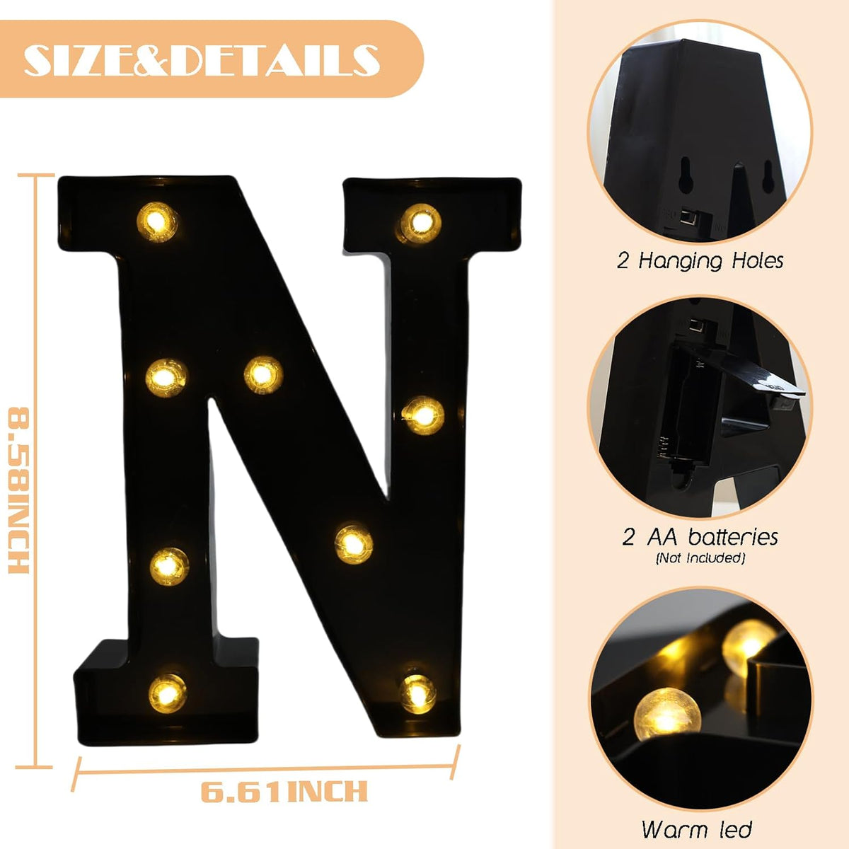 Led Marquee Letters, 8.58 Inch Black Light Up Letters, Small Led Letter Lights, Battery Powered