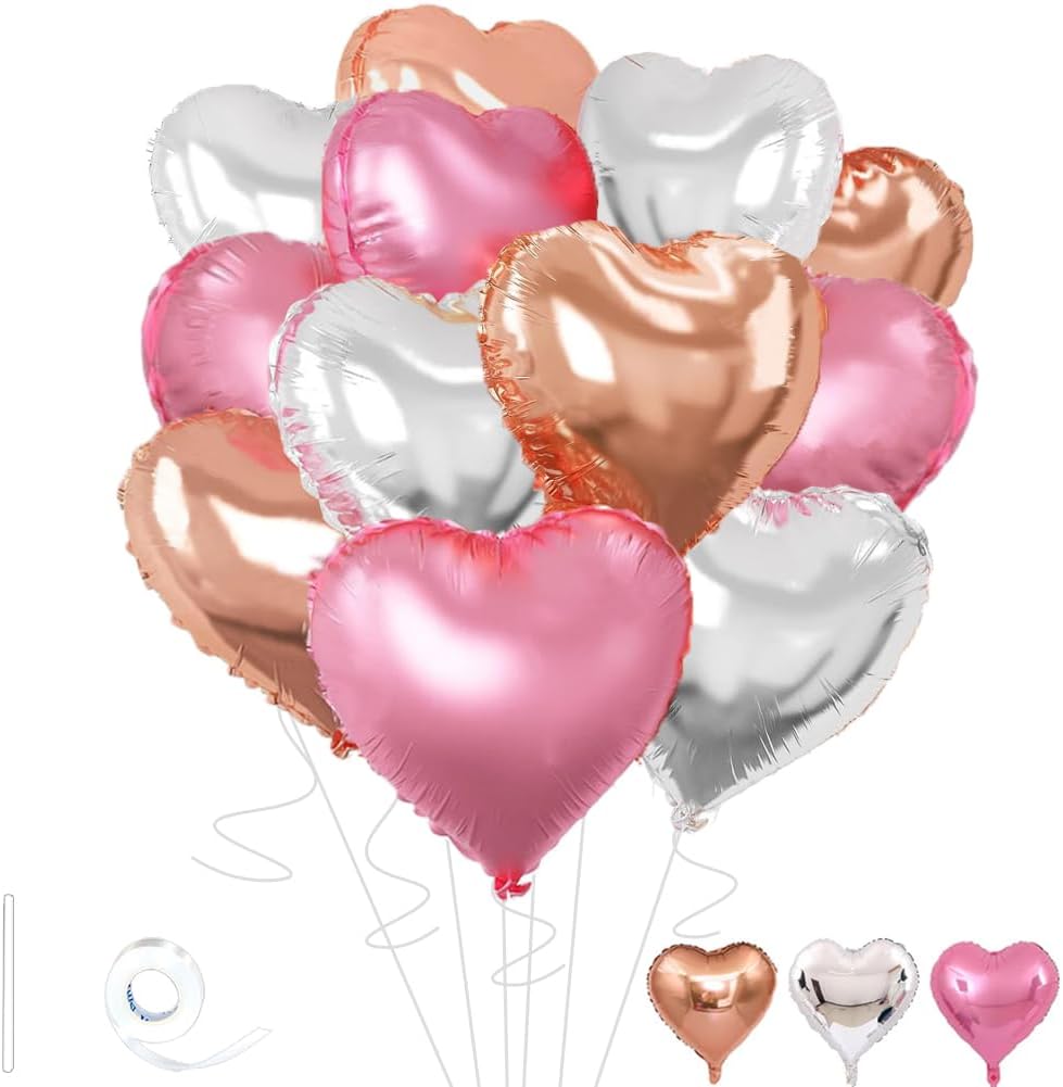 Rose Gold & Silver Heart Balloons，18 Inch Light Pink Foil Love Heart Shaped Balloons for Birthday