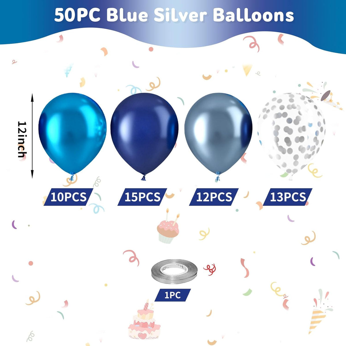Blue Balloons, 50pcs Metallic Blue Balloons, Metallic Baby Navy Balloon, Silver Confetti Balloon