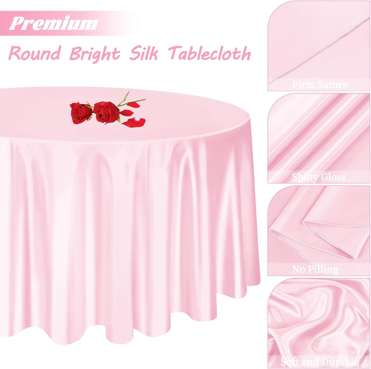 fani 12 Pack 120 Inch Light Pink Satin Tablecloth - Silky Round Tablecloth Overlay Smooth Fabric