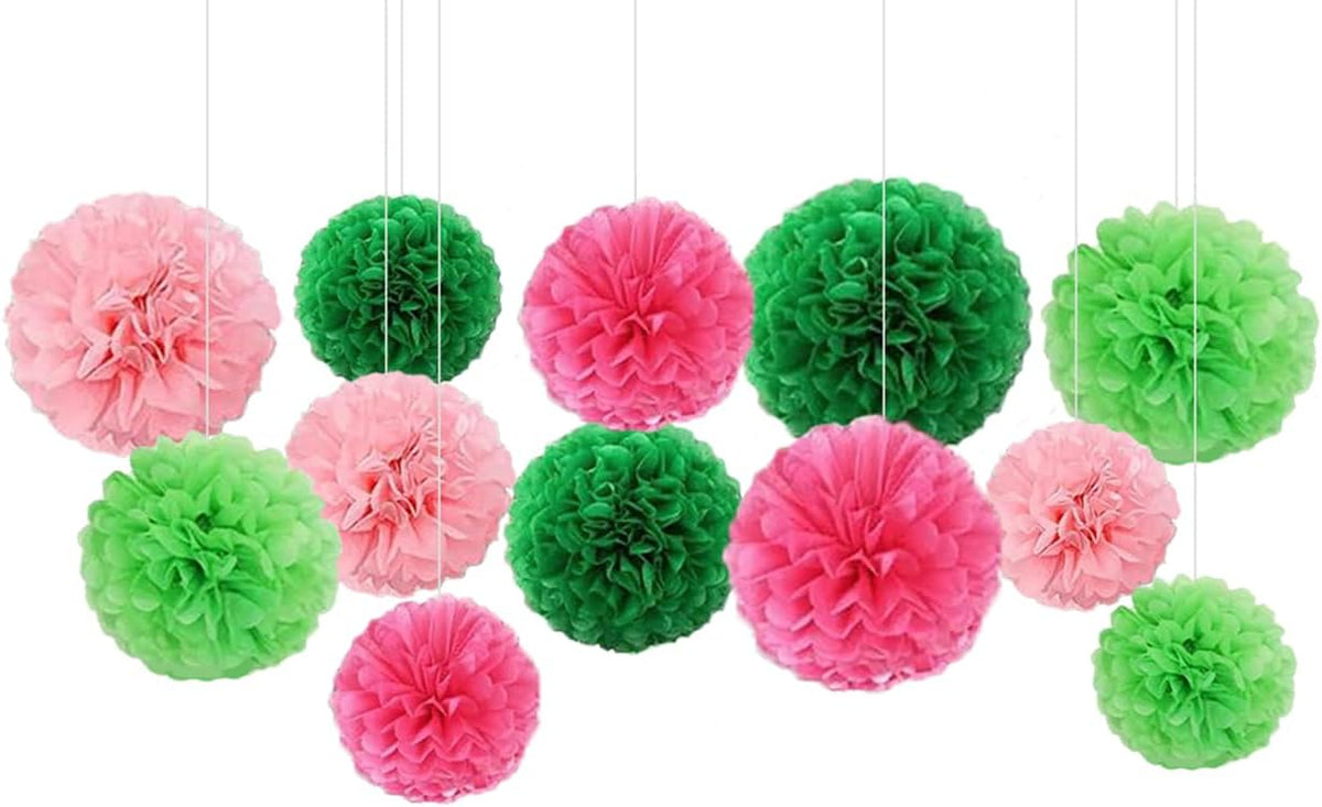 Capesaro Pink and Green 12PCS Paper Pom Poms Party Decorations for Girl Birthday Party Summer