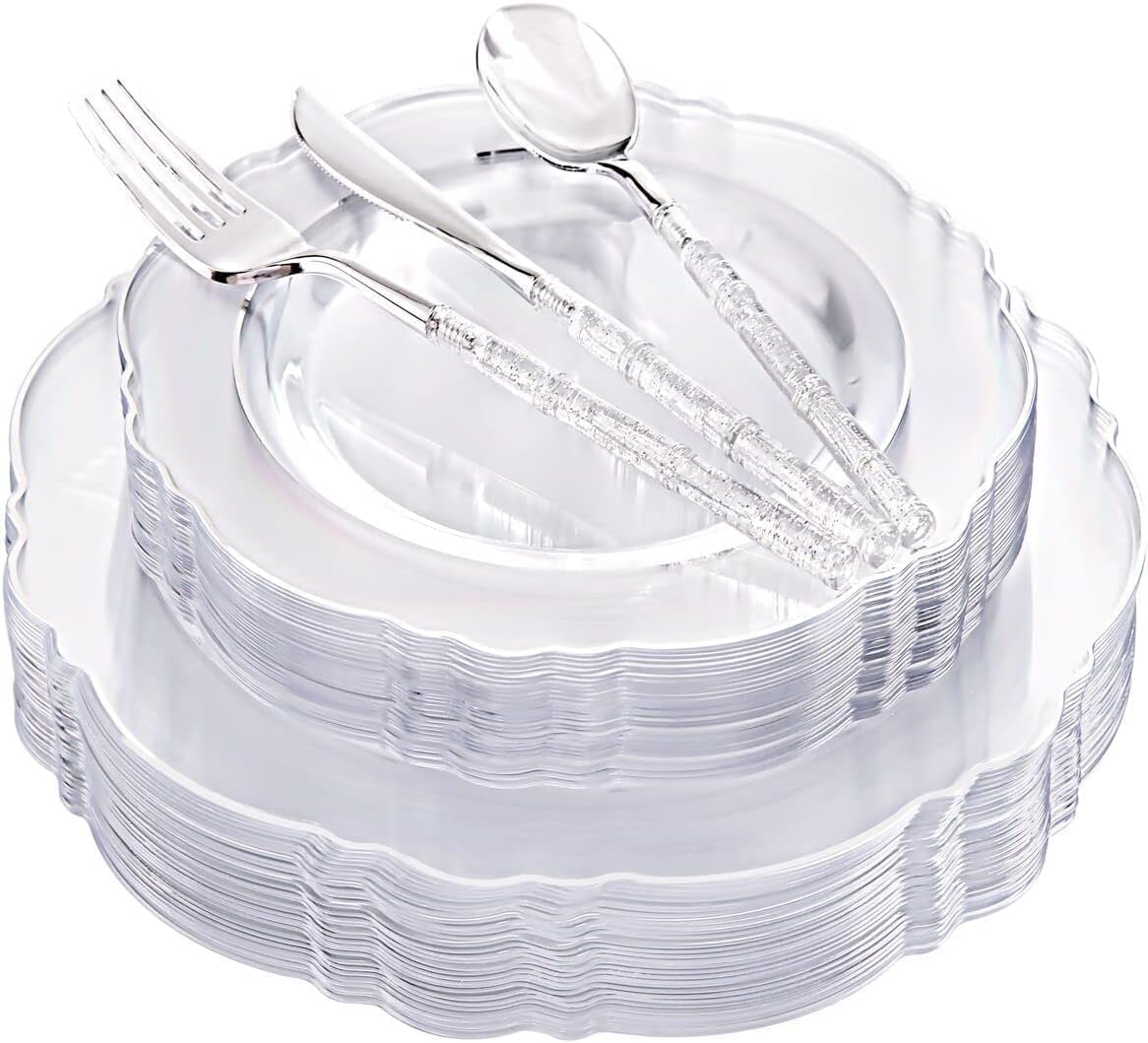 Liacere 150PCS Clear Silver Plastic Plates & Disposable Silver Plastic Silverware with Glitter