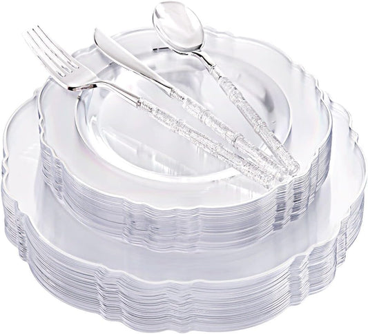 Liacere 150PCS Clear Silver Plastic Plates & Disposable Silver Plastic Silverware with Glitter