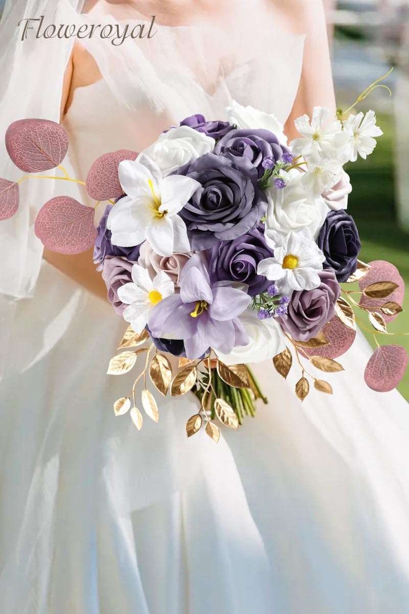 Floweroyal Artificial Flowers Combo Purple Flowers Mix Silk Flowers Fake Roses with Stems for DIY