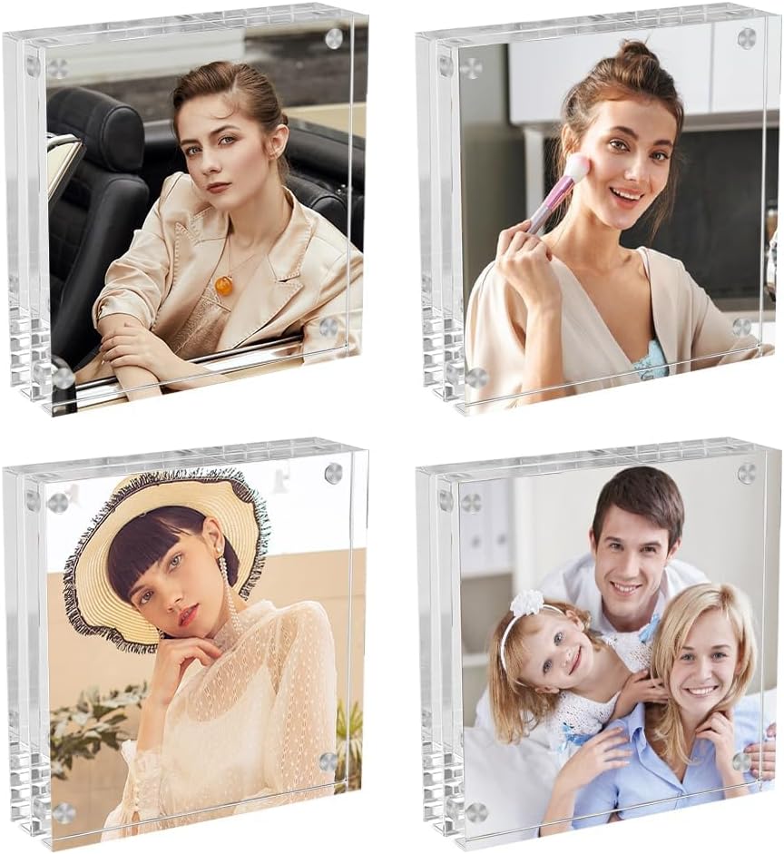 4 Pack Square Acrylic Picture Frames 4x4 Clear Photo Frame Business Card Frame Magnetic Picture