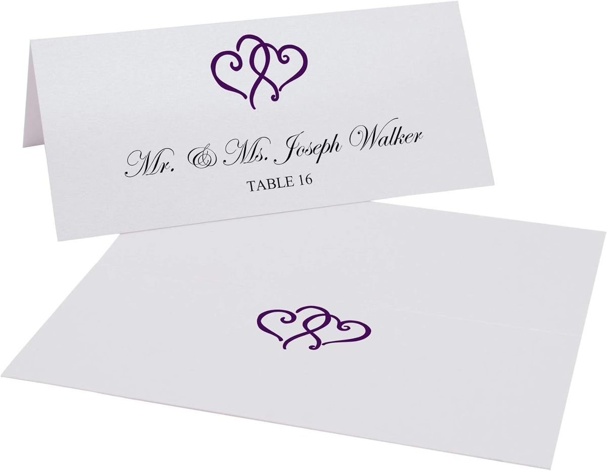 Linked Hearts Place Cards, Eggplant (Choose Color), Set of 25, Pre-cut and Scored - Wedding, Party
