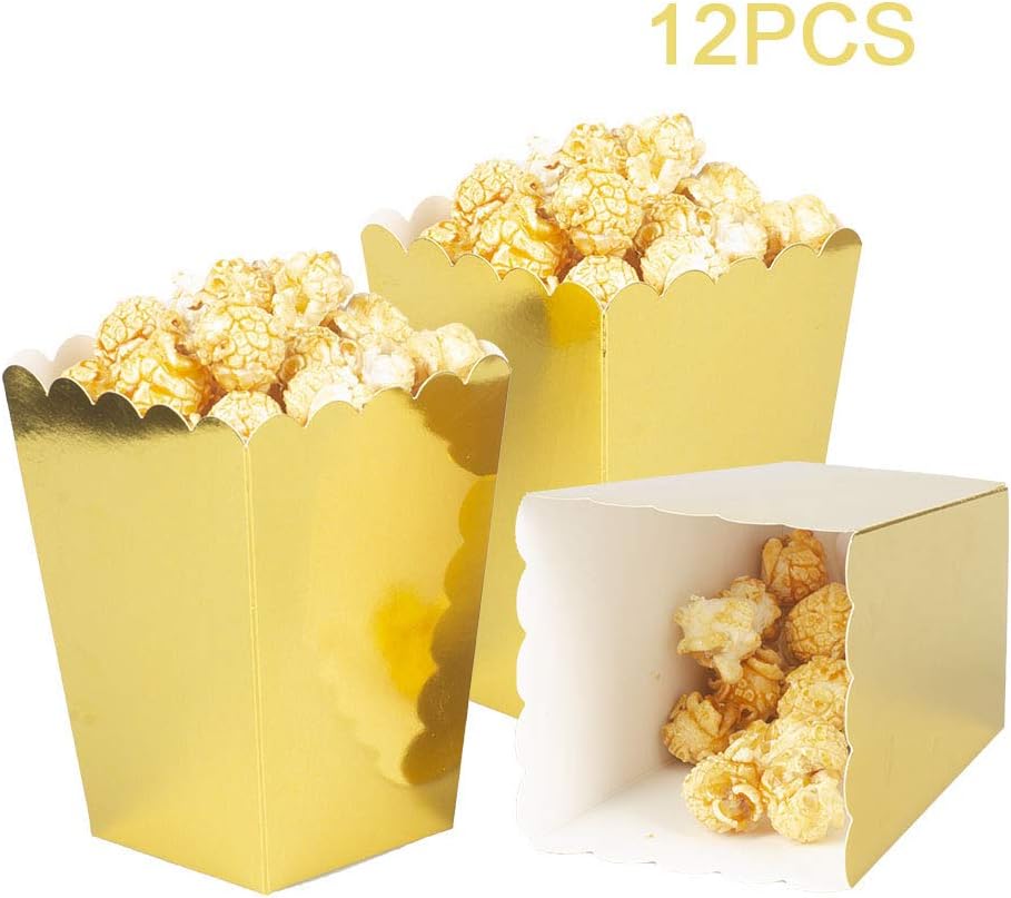 Gold Popcorn Boxes Mini Pack of 12, Paper Popcorn Container for Birthday Party, Graduation