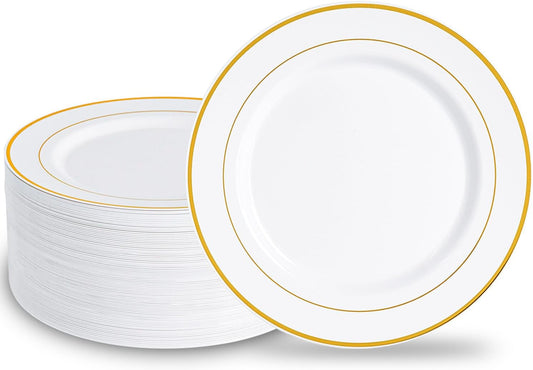 N9R 100PCS Gold Plastic Plates, 10.25 inch White Disposable Dinner Plate with Gold Rim, Heavy Duty