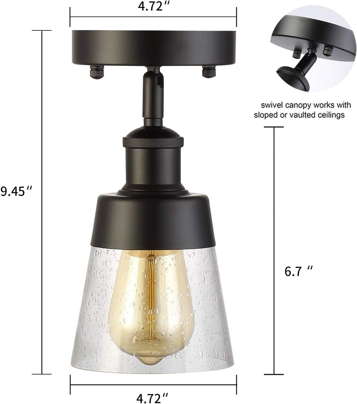 Fivess Lighting Industrial Glass Semi Flush Mount Ceiling Light, Black, 9.45x4.72x4.72 inches